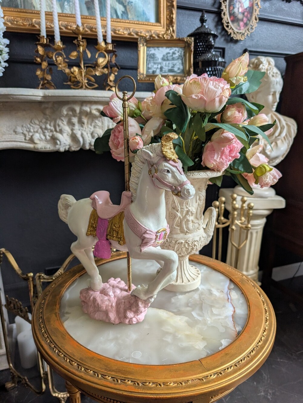 Vintage Large Carousel Horse Statue Resin Brass Pole Sz 19.5" x 14.5" *re-paint